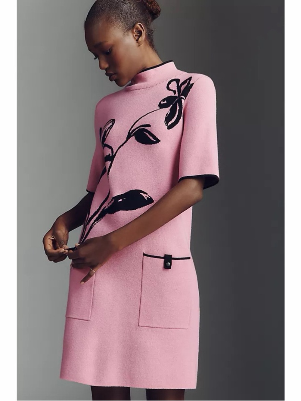 Anthropologie Maeve Annalise Pink Floral Chenille Mini Shift Dress Mod Mock Neck